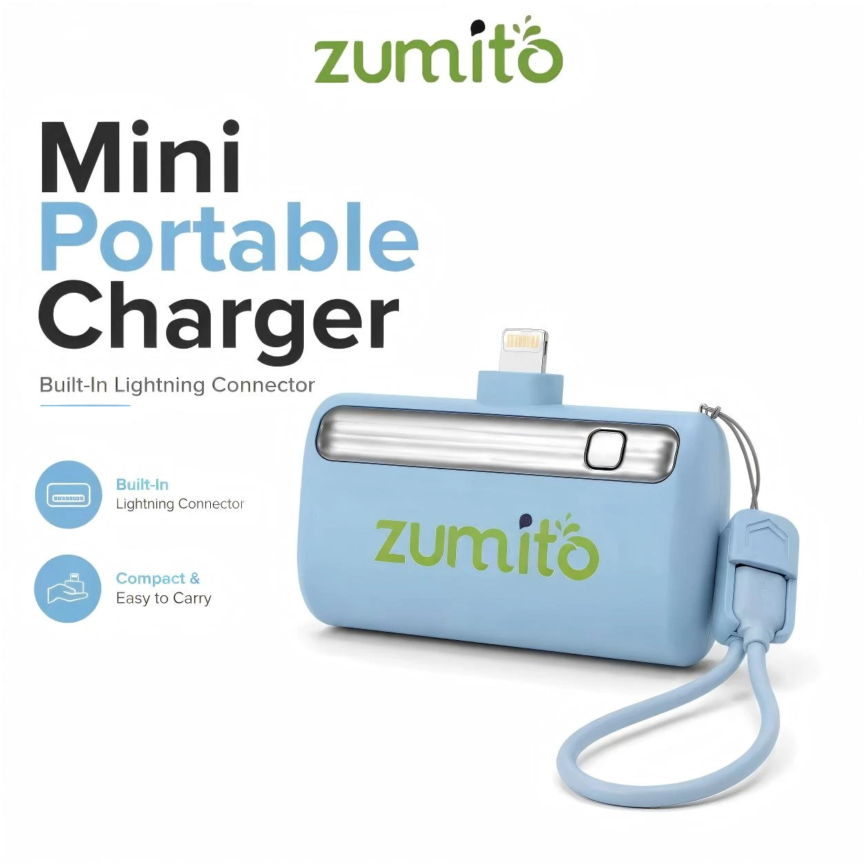 ZUMITO Portable Power Bank with Lightning Input, Fast Charging for iPhone & iPad, Blue