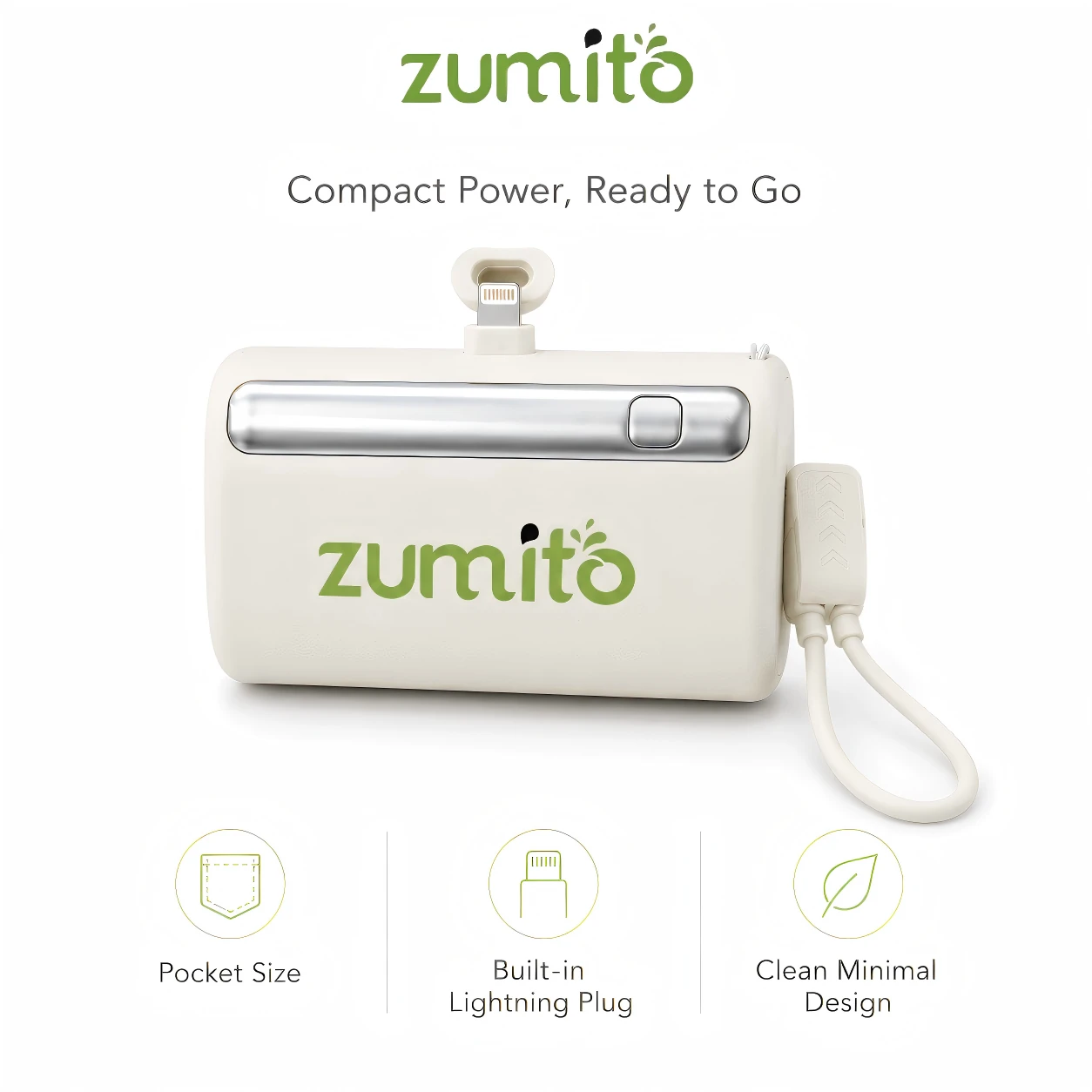 ZUMITO Portable Power Bank with Lightning Input, Fast Charging for iPhone & iPad, Beige