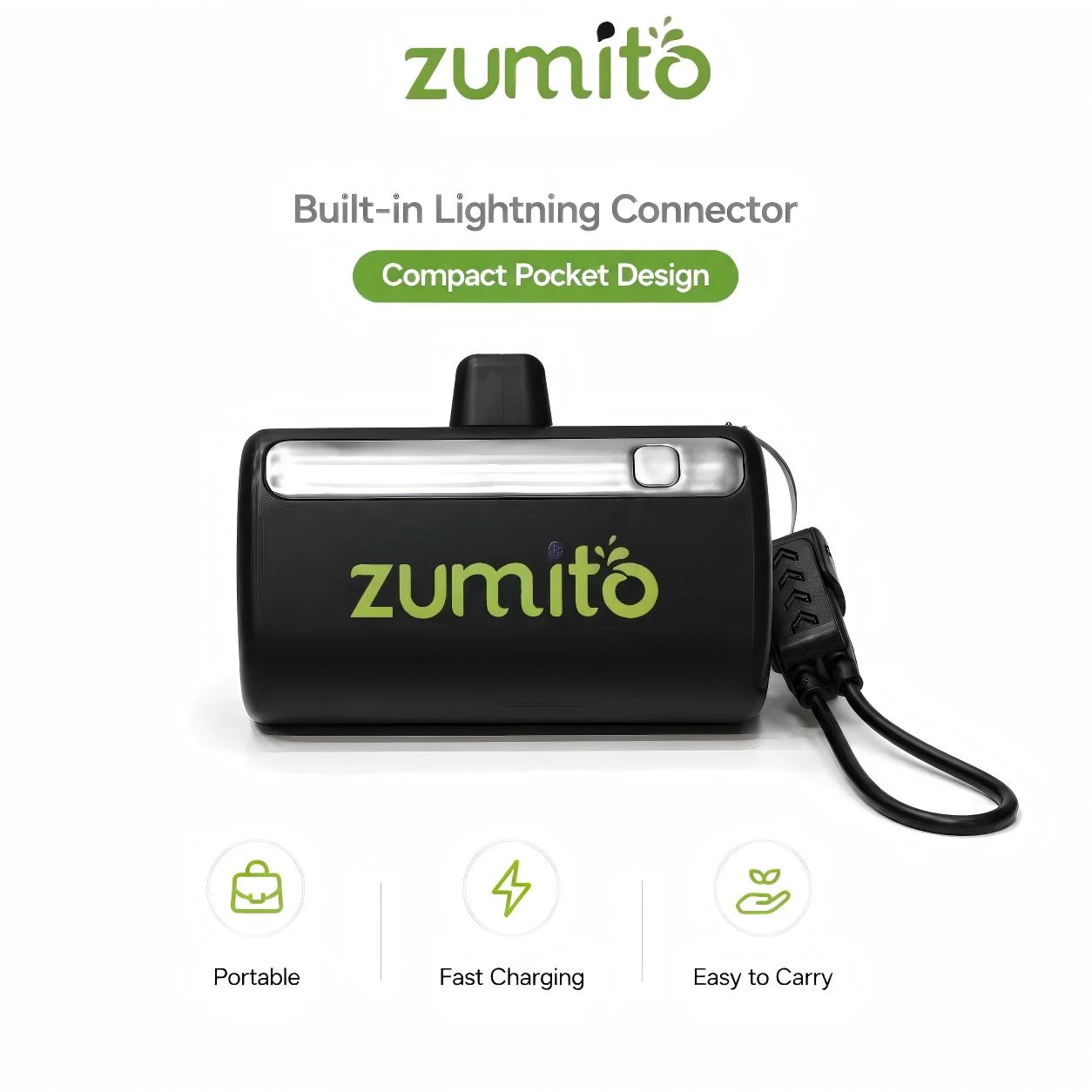 ZUMITO Portable Power Bank with Lightning Input, Fast Charging for iPhone & iPad, Black