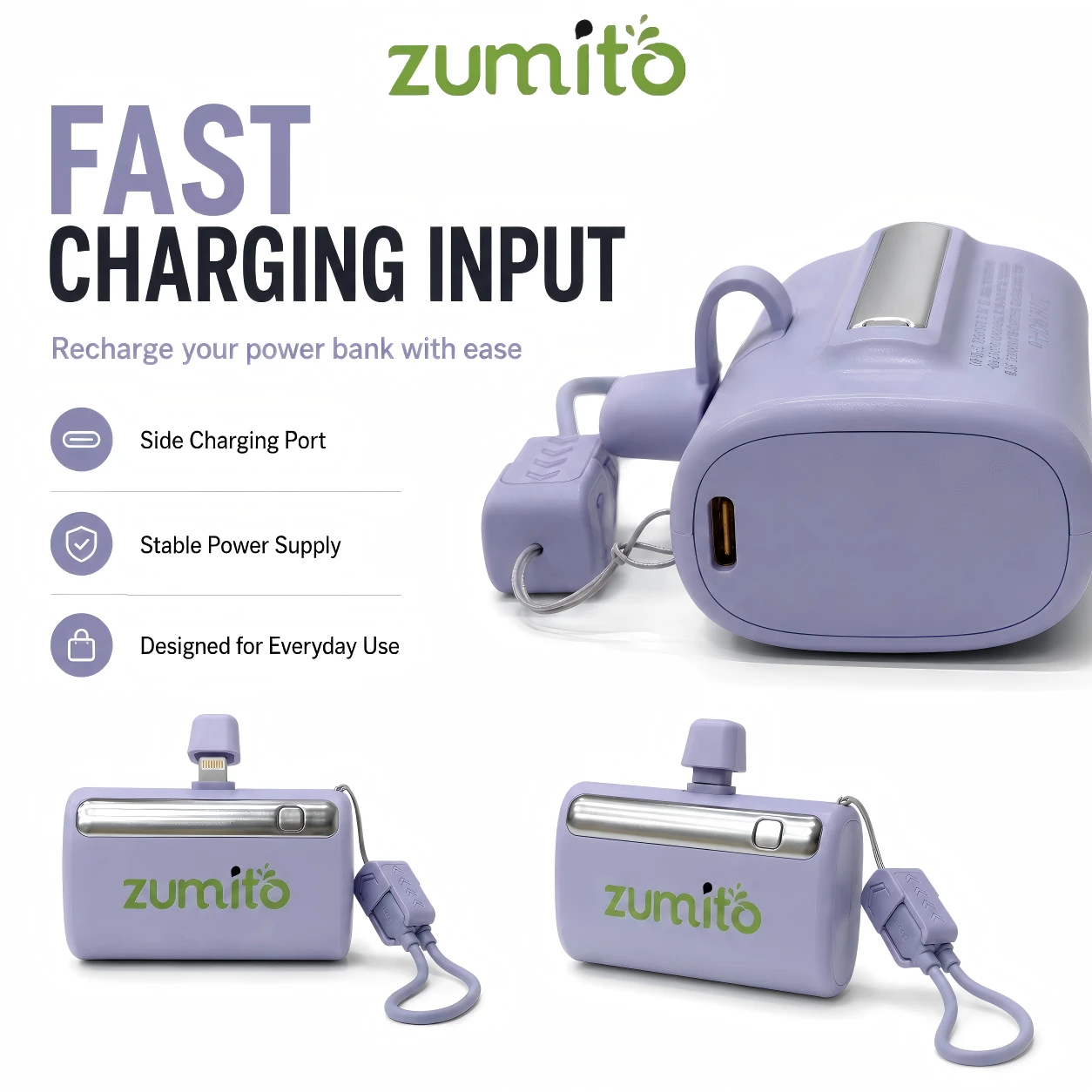 ZUMITO Portable Power Bank with Lightning Input, Fast Charging for iPhone & iPad, Purple